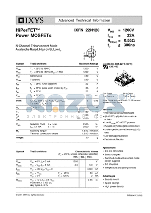 IXFN22N120 datasheet - HiPerFET Power MOSFETs