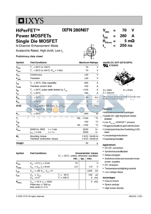 IXFN280N07 datasheet - HiPerFET Power MOSFETs Single Die MOSFET