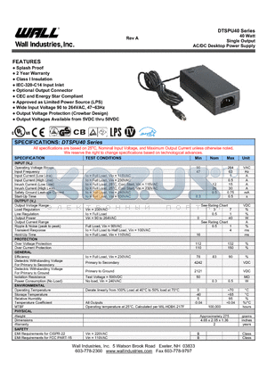 DTSPU40-104 datasheet - 40 Watt Single Output AC/DC Desktop Power Supply