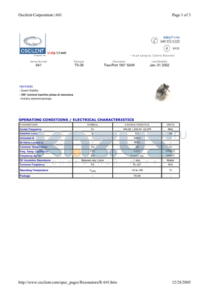 641-433.92M datasheet - Two-Port 180` SAW