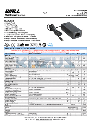 DTSPU40-102 datasheet - 40 Watt Single Output AC/DC Desktop Power Supply