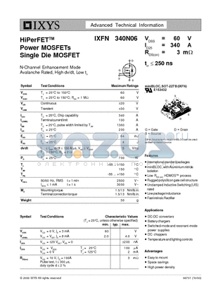 IXFN340N06 datasheet - HiPerFET Power MOSFETs Single Die MOSFET
