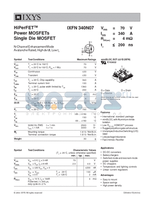 IXFN340N07 datasheet - HiPerFET Power MOSFETs Single Die MOSFET