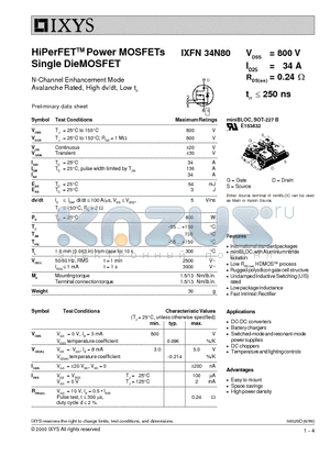 IXFN34N80 datasheet - HiPerFETTM Power MOSFETs Single DieMOSFET