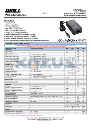 DTSPU45-106 datasheet - Up to 50 Watts Single, Dual, & Triple Outputs AC/DC Desktop Power Supply