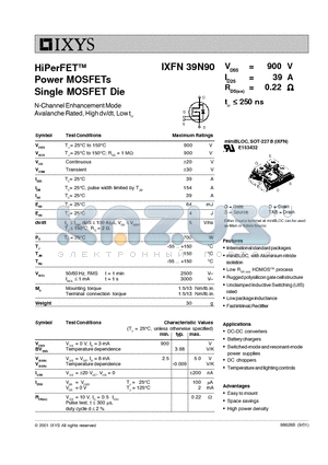 IXFN39N90 datasheet - HiPerFET Power MOSFETs Single MOSFET Die