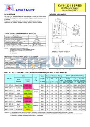 KW1-1201 datasheet - LED Numeric Display Single Digit (1.20)
