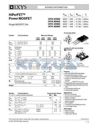 IXFN40N60 datasheet - HiPerFET Power MOSFET