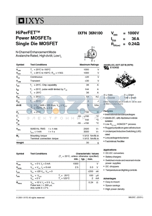 IXFN36N100 datasheet - HiPerFET Power MOSFETs Single Die MOSFET