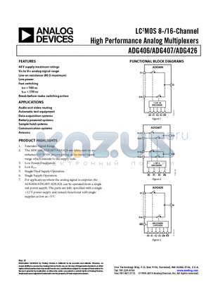 ADG407BPZ datasheet - LC2MOS 8-/16-Channel High Performance Analog Multiplexers