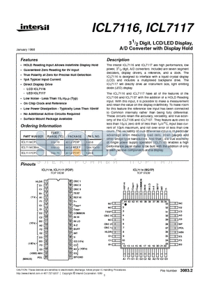 ICL7117CPL datasheet - 31/2 Digit, LCD/LED Display, A/D Converter with Display Hold