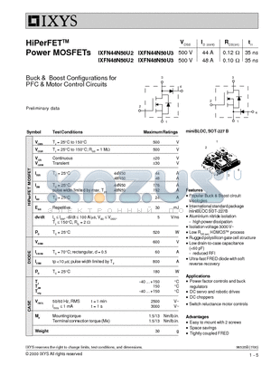 IXFN44N50U2 datasheet - HiPerFET Power MOSFETs