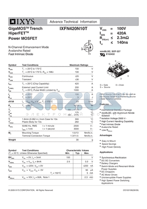 IXFN420N10T datasheet - GigaMOS Trench HiperFET Power MOSFET