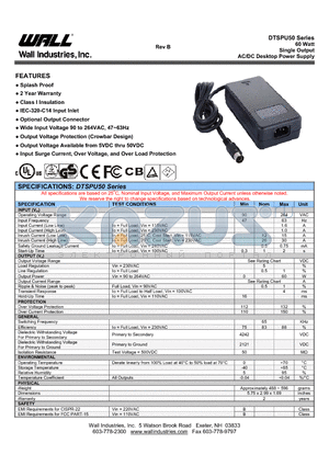 DTSPU50-3 datasheet - 60 Watt Single Output AC/DC Desktop Power Supply