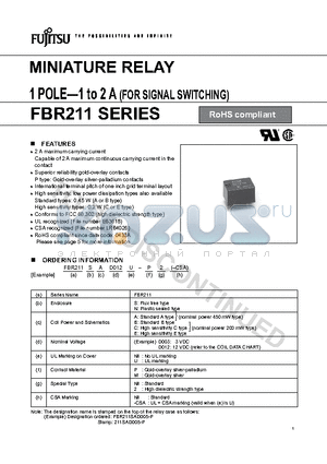 FBR211NAD001 datasheet - MINIATURE RELAY 1 POLE-1 to 2 A (FOR SIGNAL SWITCHING)