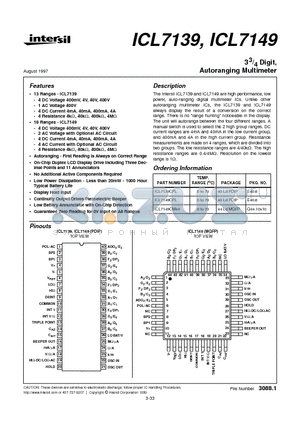 ICL7139CPL datasheet - 33/4 Digit, Autoranging Multimeter