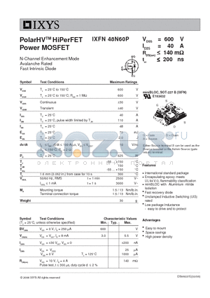 IXFN48N60P datasheet - PolarHV HiPerFET Power MOSFET