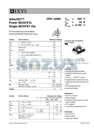 IXFN44N80 datasheet - HiPerFETTM Power MOSFETs Single MOSFET Die