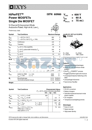 IXFN60N60 datasheet - HiPerFET Power MOSFETs Single Die MOSFET