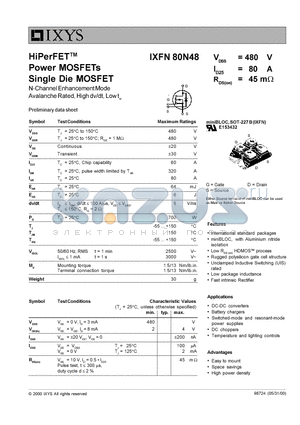 IXFN80N48 datasheet - HiPerFET Power MOSFETs Single Die MOSFET