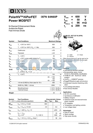 IXFN64N60P datasheet - PolarHV HiPerFET Power MOSFET