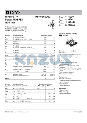 IXFN66N50Q2 datasheet - HiPerFET Power MOSFET Q2-Class