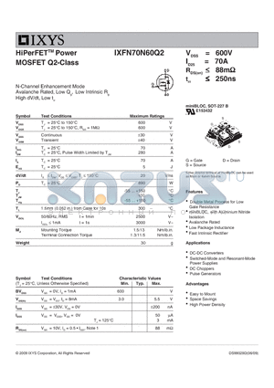 IXFN70N60Q2 datasheet - HiPerFET Power MOSFET Q2-Class