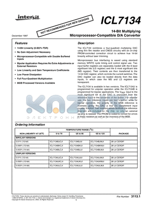ICL7134BKCJI datasheet - 14-Bit Multiplying Microprocessor-Compatible D/A Converter