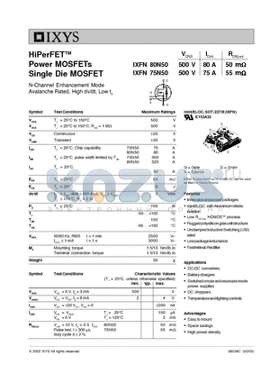 IXFN80N50 datasheet - HiPerFET Power MOSFETs Single Die MOSFET