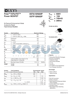 IXFP10N60P datasheet - Polar HiPerFET Power MOSFET