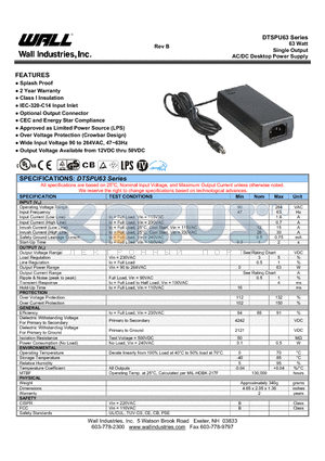 DTSPU63-110 datasheet - 63 Watt Single Output AC/DC Desktop Power Supply