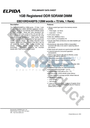 EBD10RD4ABFB datasheet - 1GB Registered DDR SDRAM DIMM