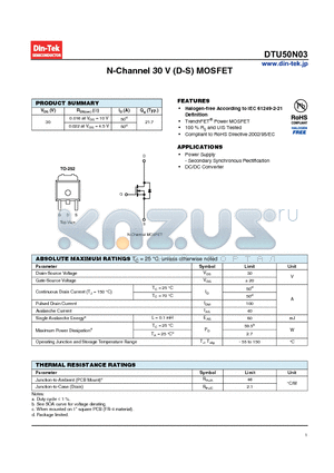 DTU50N03_13 datasheet - N-Channel 30 V (D-S) MOSFET Halogen-free