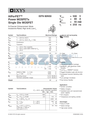 IXFN80N50 datasheet - HiPerFET Power MOSFETs Single Die MOSFET