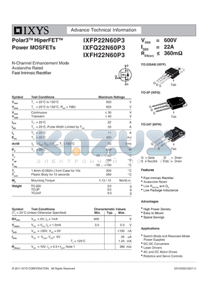 IXFP22N60P3 datasheet - Polar3 HiperFET Power MOSFETs