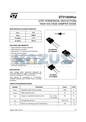 DTV1500HXX datasheet - CRT HORIZONTAL DEFLECTION HIGH VOLTAGE DAMPER DIODE