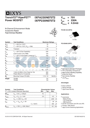 IXFP230N075T2 datasheet - TrenchT2 HiperFET Power MOSFET