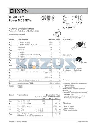 IXFP3N120 datasheet - HiPerFET Power MOSFETs