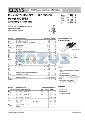 IXFP3N50PM datasheet - PolarHV HiPerFET Power MOSFET