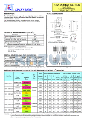 KW1-2301ASG datasheet - Multi-Color LED Numeric Display Single Digit (2.30