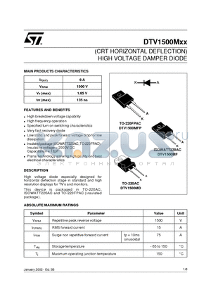 DTV1500MF datasheet - CRT HORIZONTAL DEFLECTION HIGH VOLTAGE DAMPER DIODE