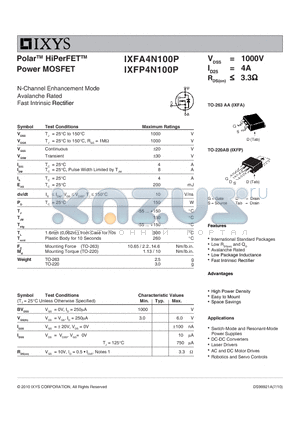 IXFP4N100P datasheet - Polar HiPerFET Power MOSFET