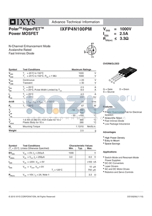 IXFP4N100PM datasheet - Polar HiperFET Power MOSFET