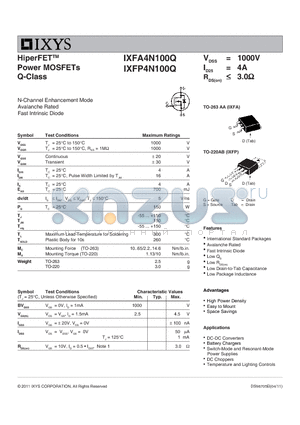 IXFP4N100Q datasheet - HiperFET Power MOSFETs Q-Class