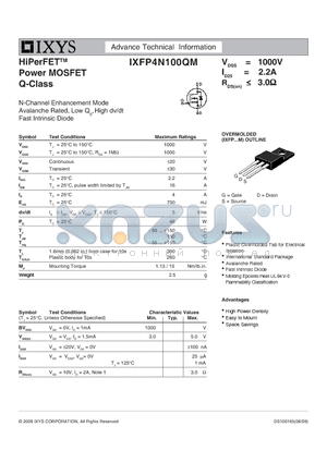 IXFP4N100QM datasheet - HiPerFET Power MOSFET Q-Class