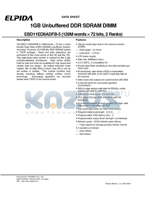 EBD11ED8ADFB-5C datasheet - 1GB Unbuffered DDR SDRAM DIMM (128M words x72 bits, 2 Ranks)