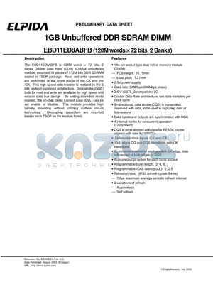 EBD11ED8ABFB-6B datasheet - 1GB Unbuffered DDR SDRAM DIMM EBD11ED8ABFB (128M words  72 bits, 2 Banks)