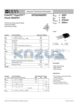 IXFQ24N50P2 datasheet - PolarP2 HiperFET Power MOSFET