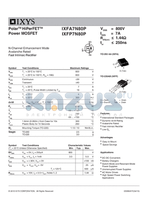 IXFP7N80P datasheet - Polar HiPerFET Power MOSFET