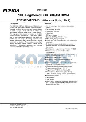 EBD10RD4ADFA-E datasheet - 1GB Registered DDR SDRAM DIMM (128M words x72 bits, 1 Rank)